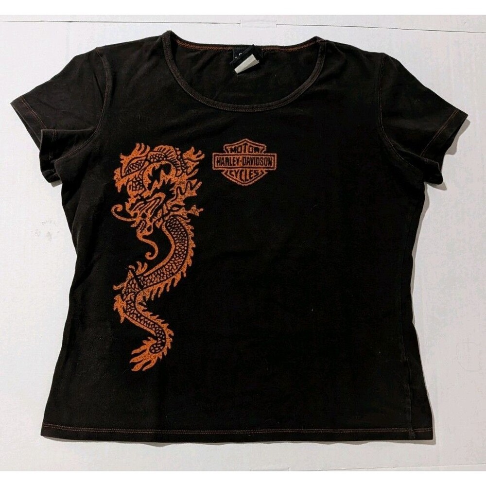 Vintage Y2K Harley Davidson Dragon Baby Tee Shirt Kohl Germany Orange Black L